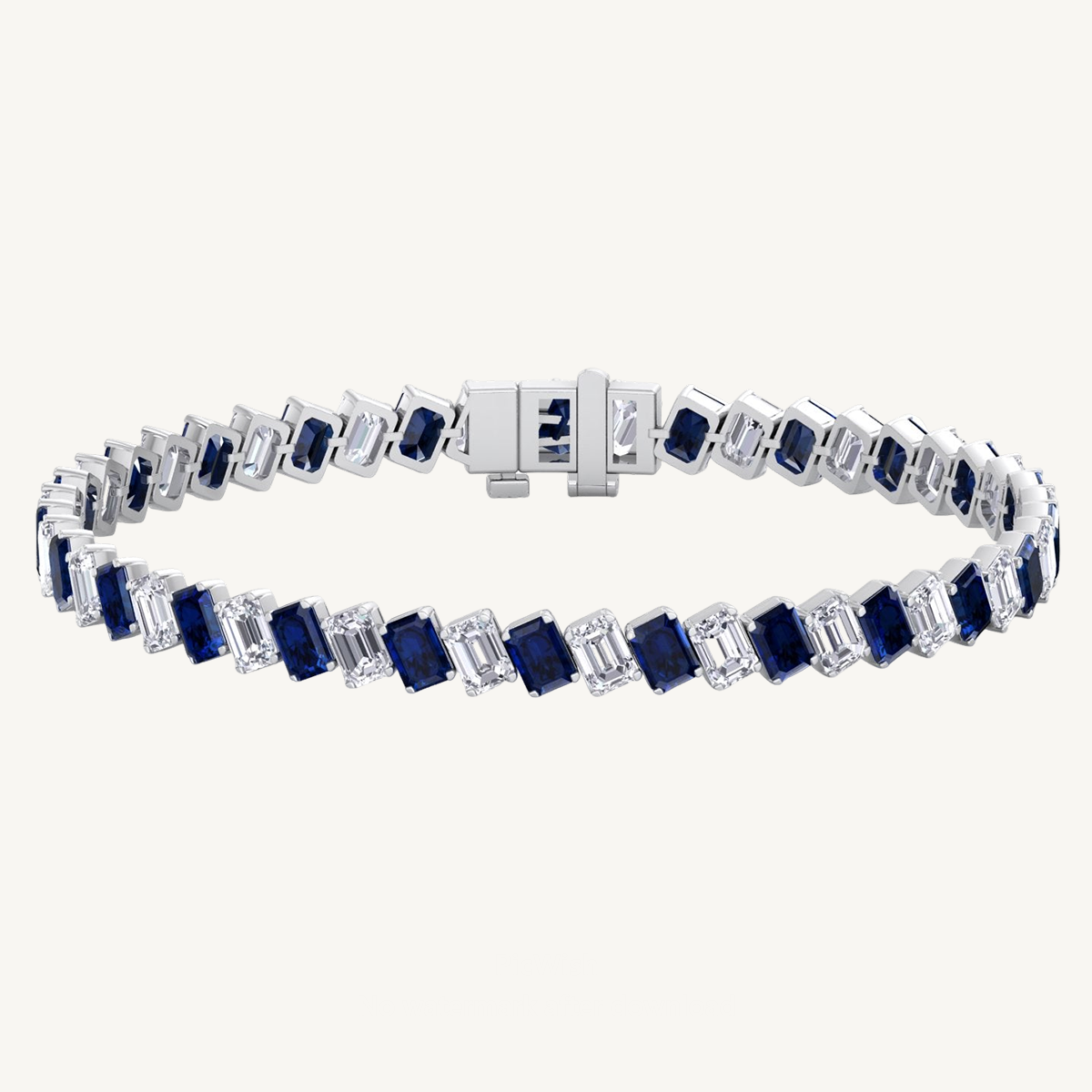 Alternating Emerald Shape Natural Blue Sapphire & Natural Diamond Diagonal Tennis Bracelet 14K Solid Gold