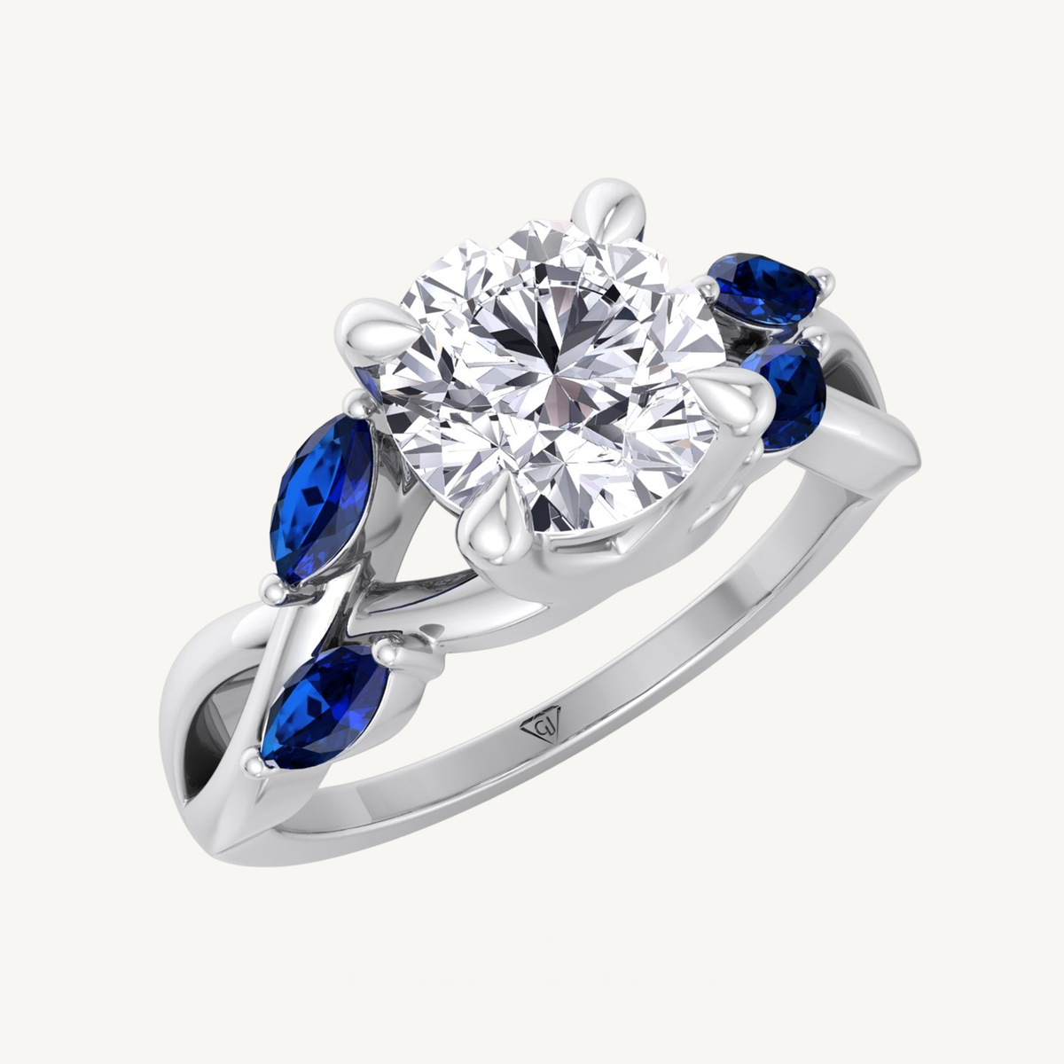 (2.85CT T.W.) - Round Cut Diamond Engagement Ring with Blue Sapphire Marquise Shape Sidestones