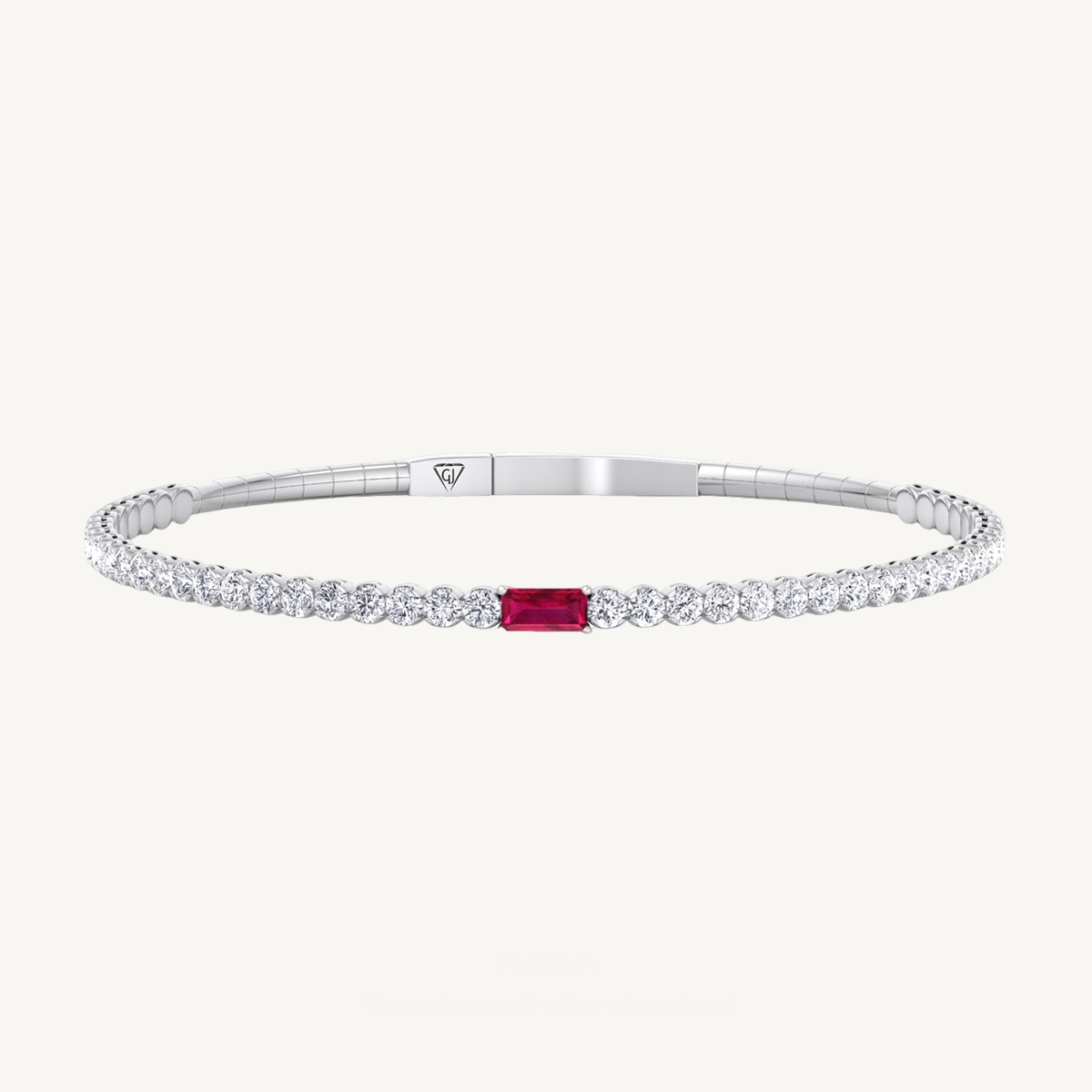 Baguette Natural Ruby & Round Natural Diamond Flexible Bangle in 14K Solid Gold