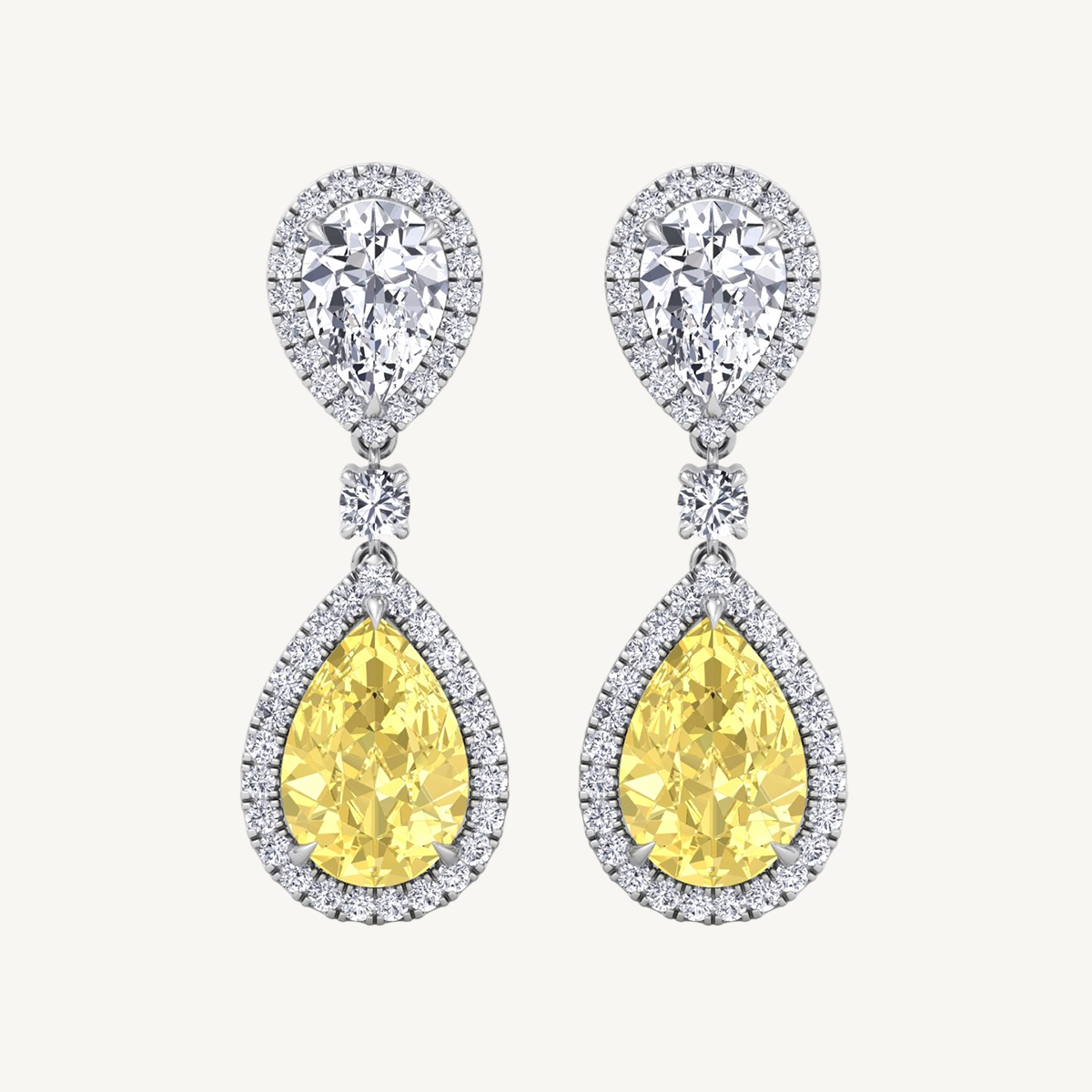 Pear & Round Cut Natural Diamond & Fancy Yellow Diamond Halo Drop Earrings