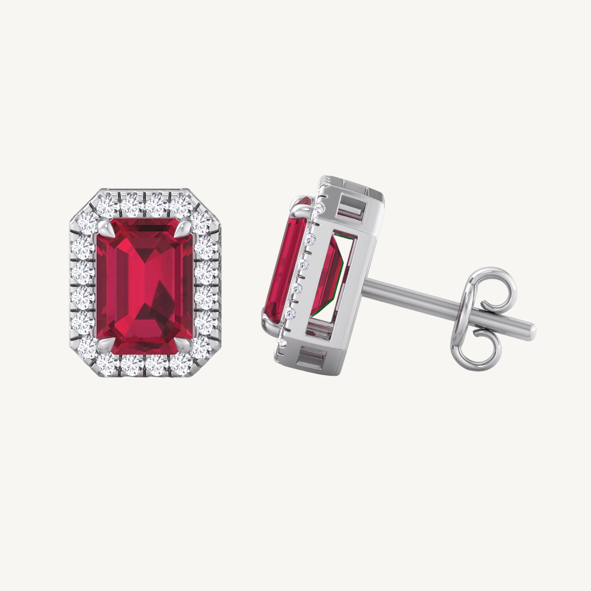Emerald Cut Ruby and Diamond Halo Earrings
