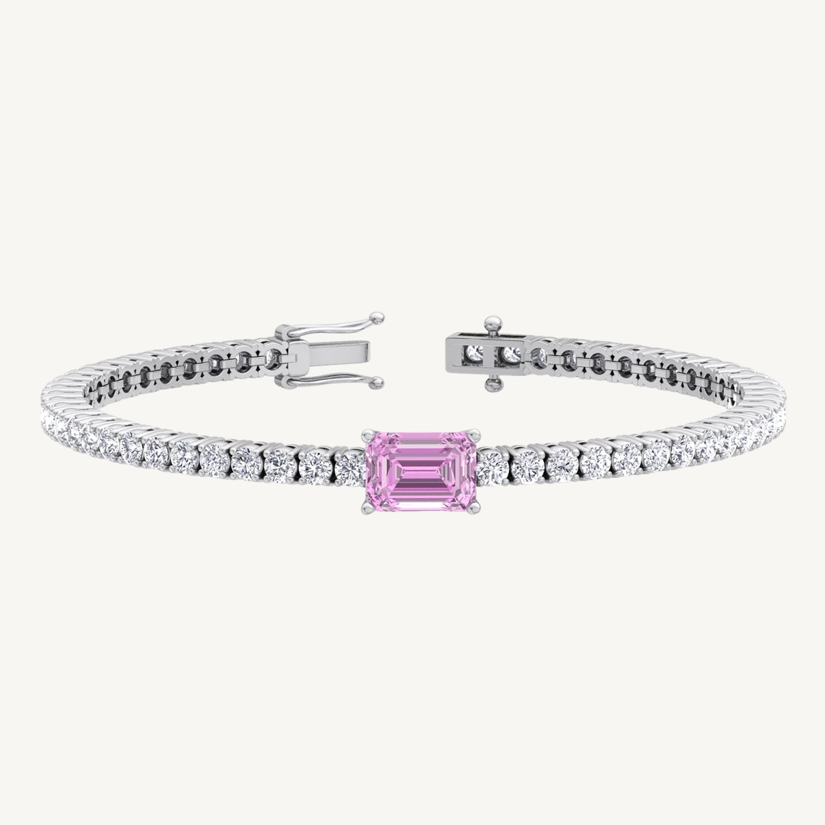 Emerald Cut Single Stone Natural Pink Sapphire & Diamond Tennis Bracelet