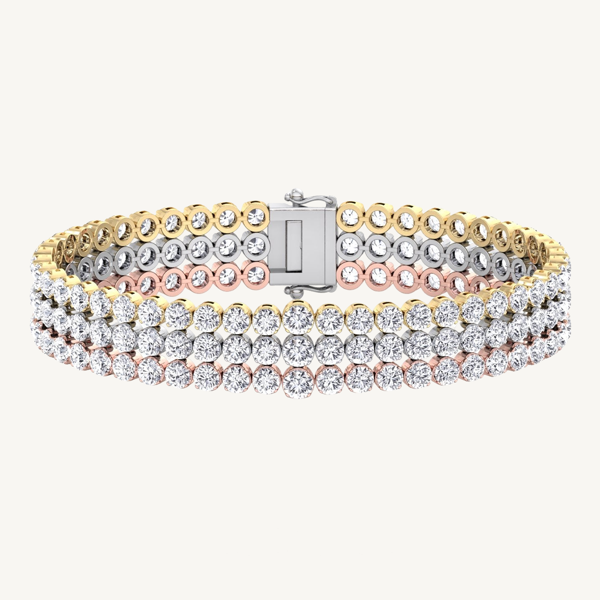 7.10CT TW Triple Row Graduated Natural Diamond Tennis Bracelet ( Tri-Color)