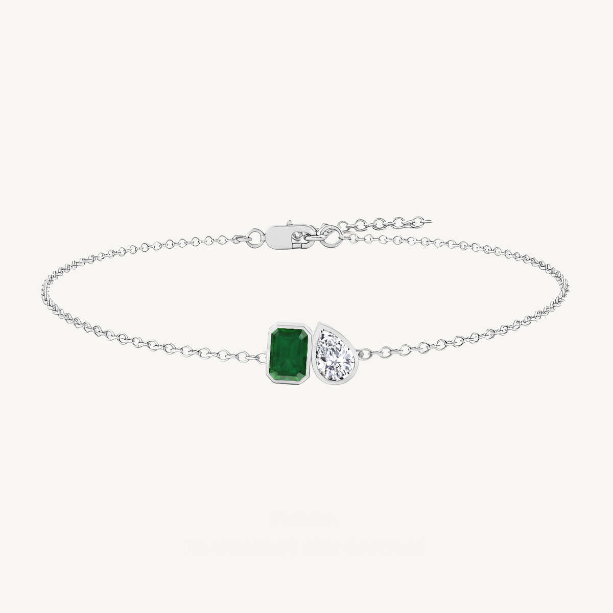 Natural Green Emerald & Pear Shape Diamond Bezel Set Toi Et Moi Bracelet