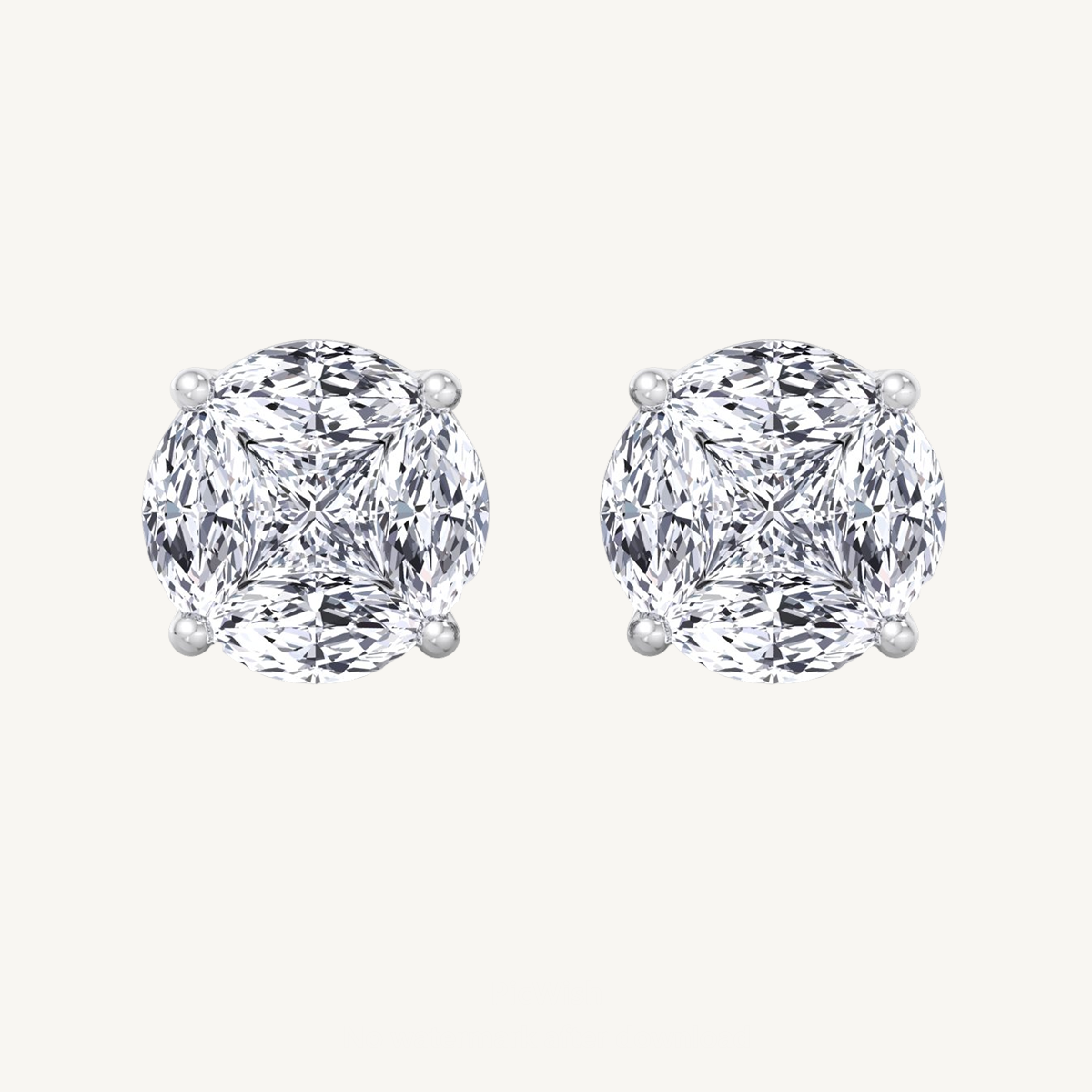 Marquise and Princess Shape Natural Diamond Clustered Stud Earrings
