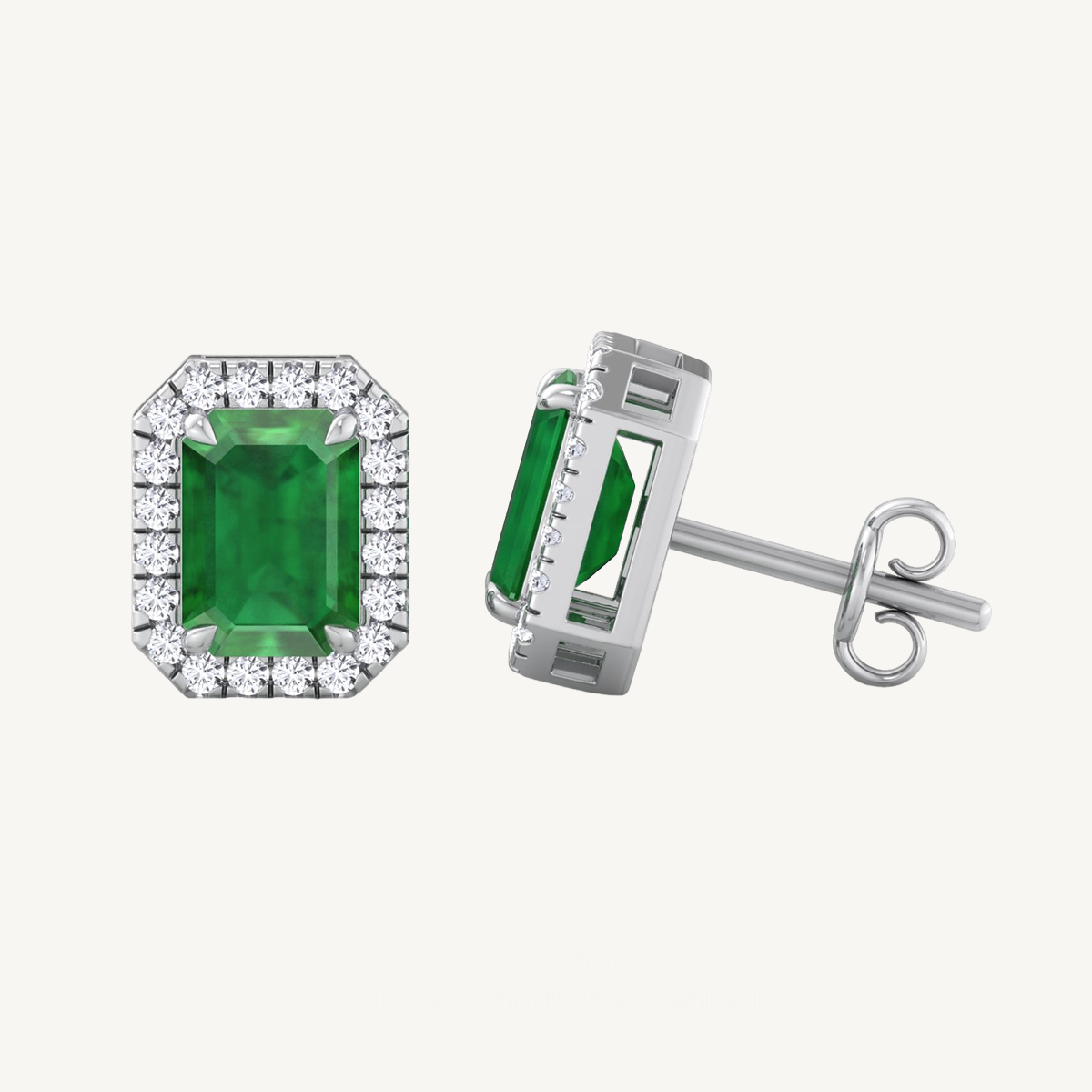 Emerald Cut Green Emerald Diamond Halo Earrings