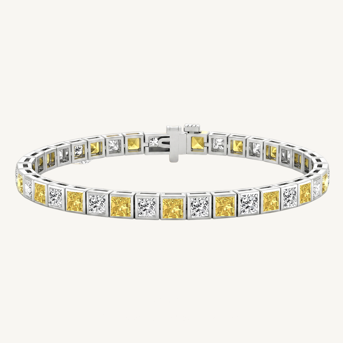 Bezel Set Alternating Princess Cut Natural Fancy Yellow & Natural Diamond Tennis Bracelet 18K Solid Gold