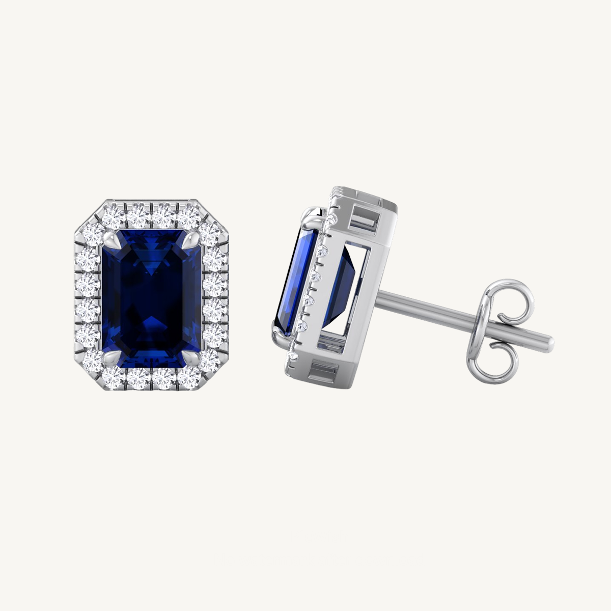 Emerald Cut Sapphire and Diamond Halo Earrings