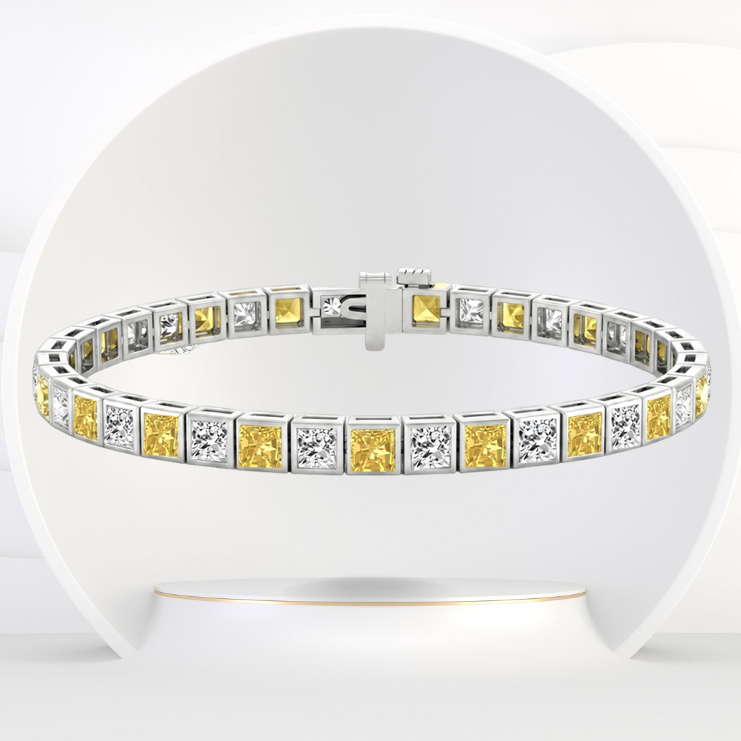 Bezel Set Princess Cut Natural Fancy Yellow & Natural Diamond Bracelet 