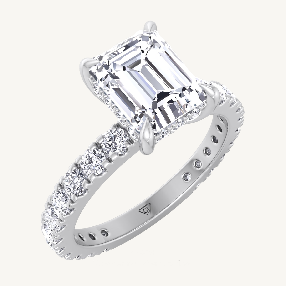 Emerald Cut Diamond Engagement Ring with Hidden Halo and Side-stones