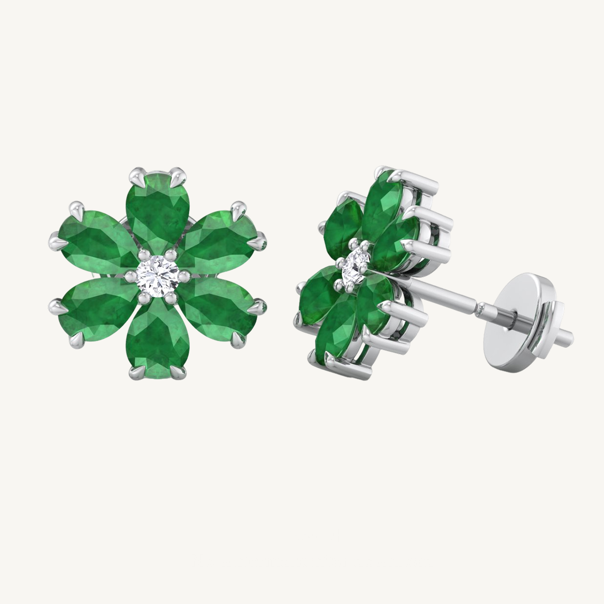 Pear Shaped Emerald & Diamond Cluster Earrings