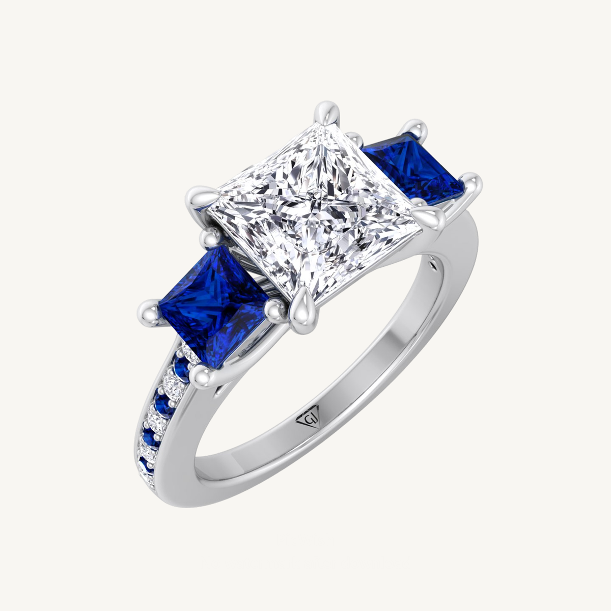 (3.20Ct T.W.) Princess Cut Diamond Engagement Ring with Blue Sapphire Sidestones
