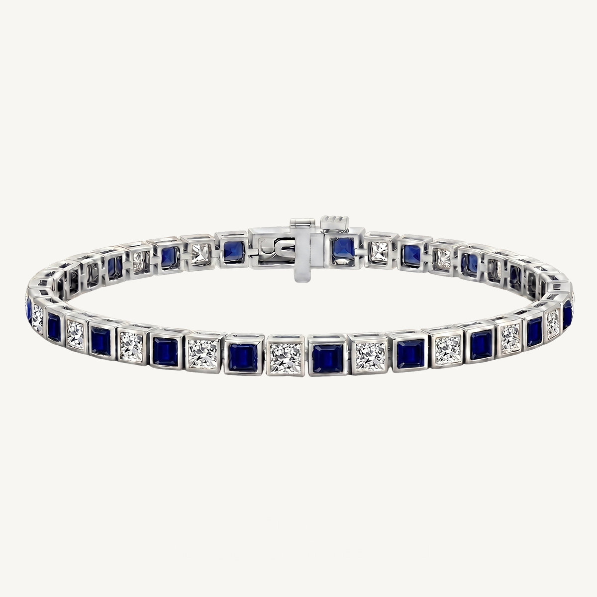 Bezel Set Alternating Princess Cut Natural Blue Sapphire & Natural Diamond Tennis Bracelet 18K Solid Gold