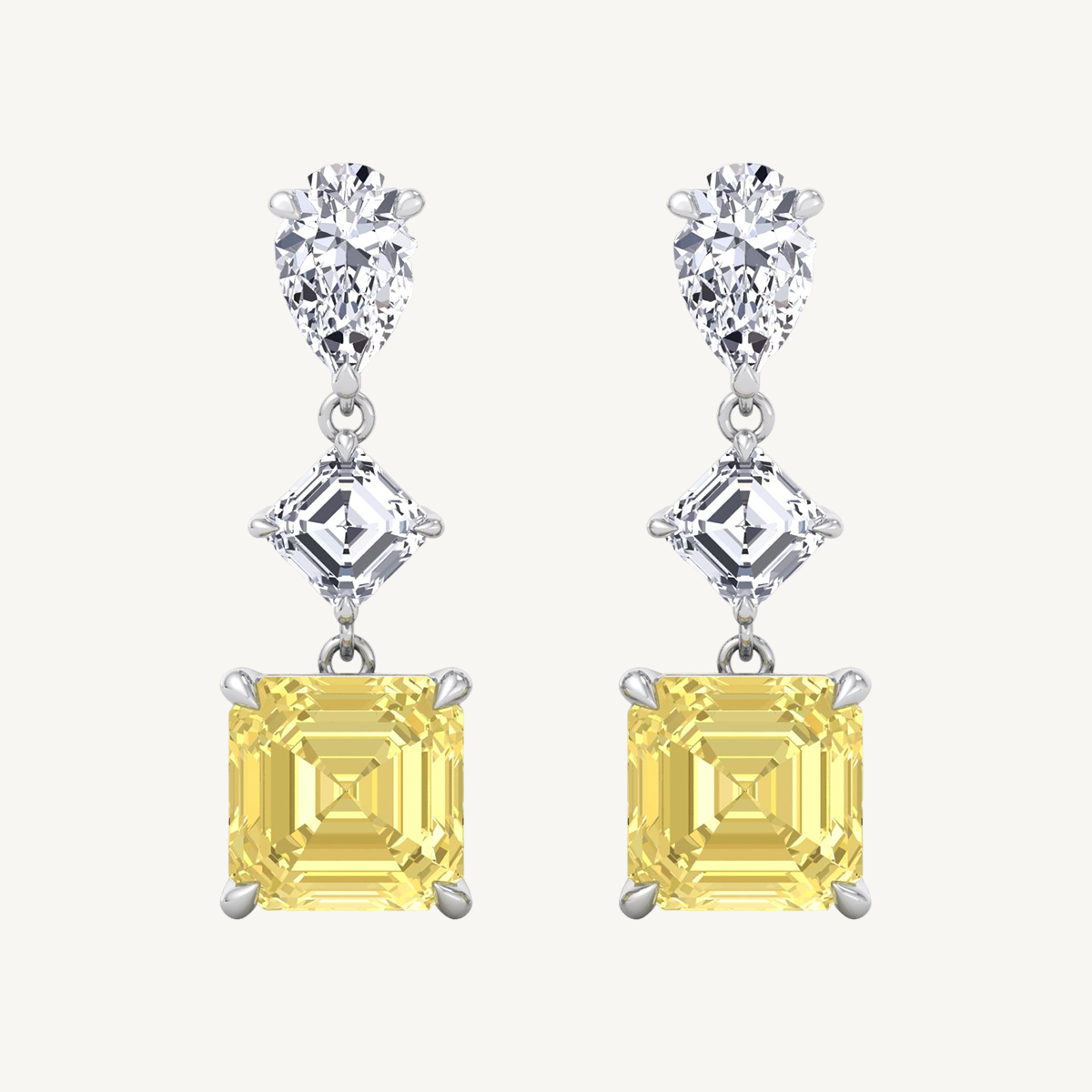 Pear & Asscher Cut Natural Diamond & Fancy Yellow Diamond Drop Earrings