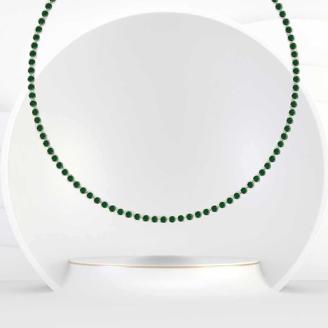 Bezel Set Natural Green Emerald Tennis Necklace 18K Solid Gold