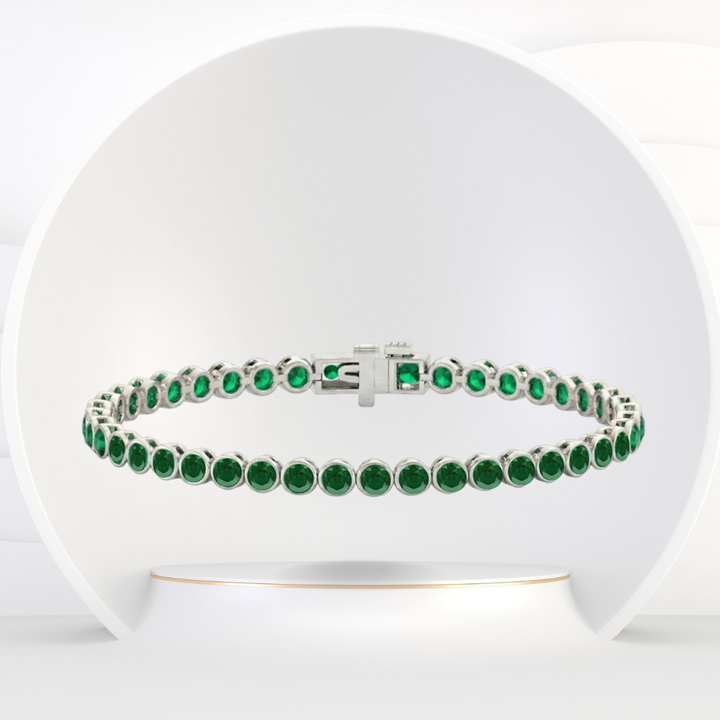 Natural Green Emerald Round Bezel Tennis Bracelet WG