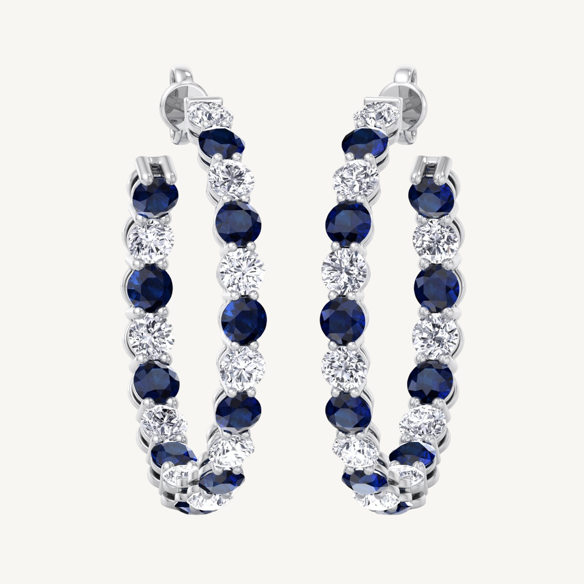 Alternating Natural Blue Sapphire and Diamond Inside Out Hoop Earrings