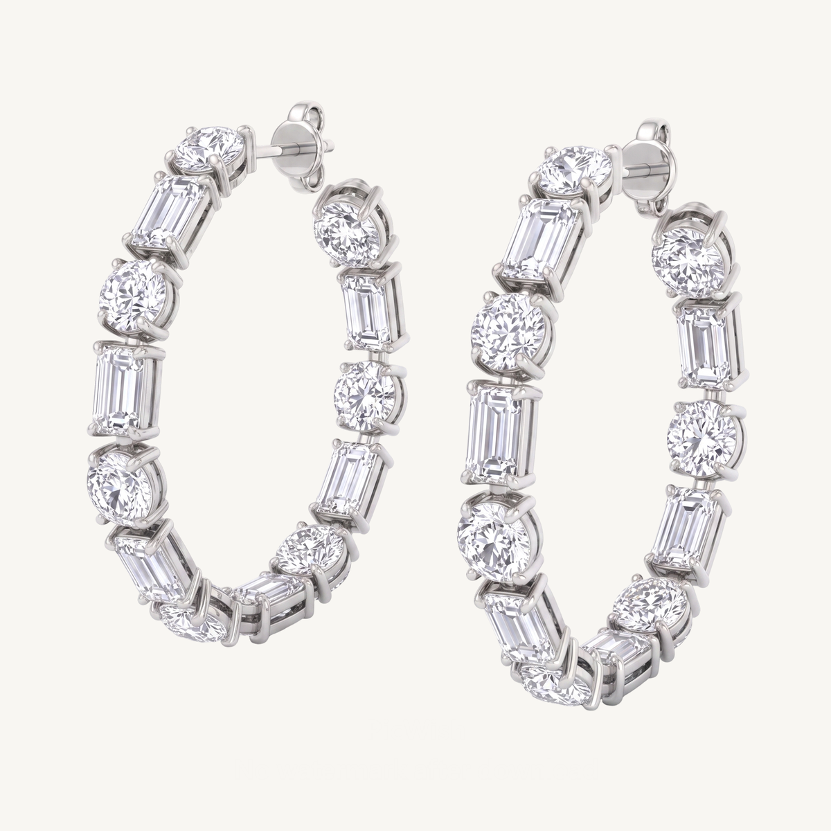Alternating Emerald Cut and Round Natural Diamond Hoop Earrings