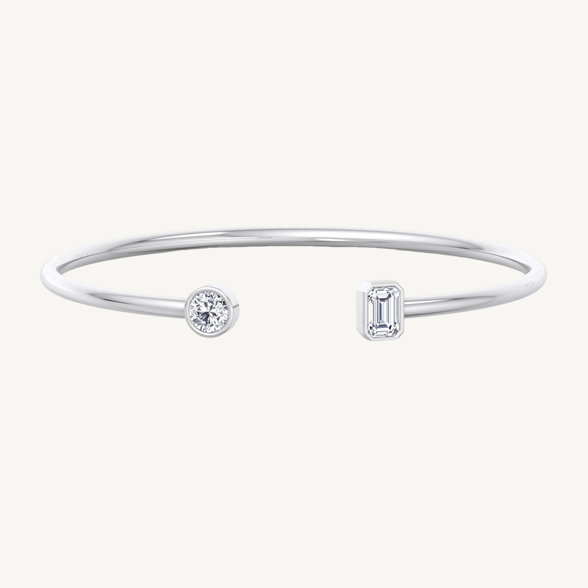 Bezel Set Round and Emerald Cut Natural Diamond Open Cuff Bangle