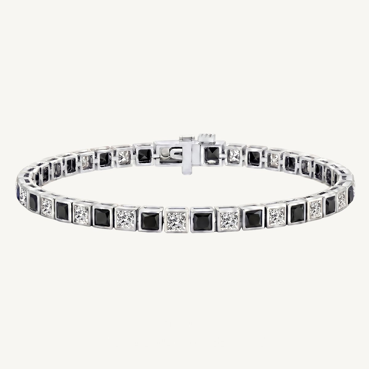 Bezel Set Alternating Princess Cut Natural Black & Natural Diamond Tennis Bracelet 18K Solid Gold