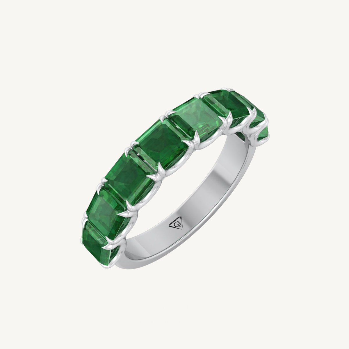 Green Emerald in Emerald Cut Half Eternity Band