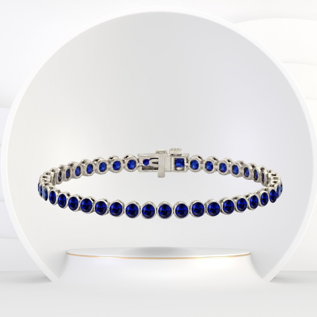Bezel Set Natural Blue Sapphire Tennis Bracelet 14K Solid Gold