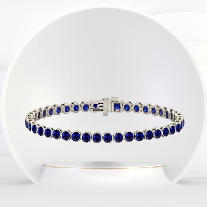 Bezel Set Natural Blue Sapphire Tennis Bracelet 14K Solid Gold
