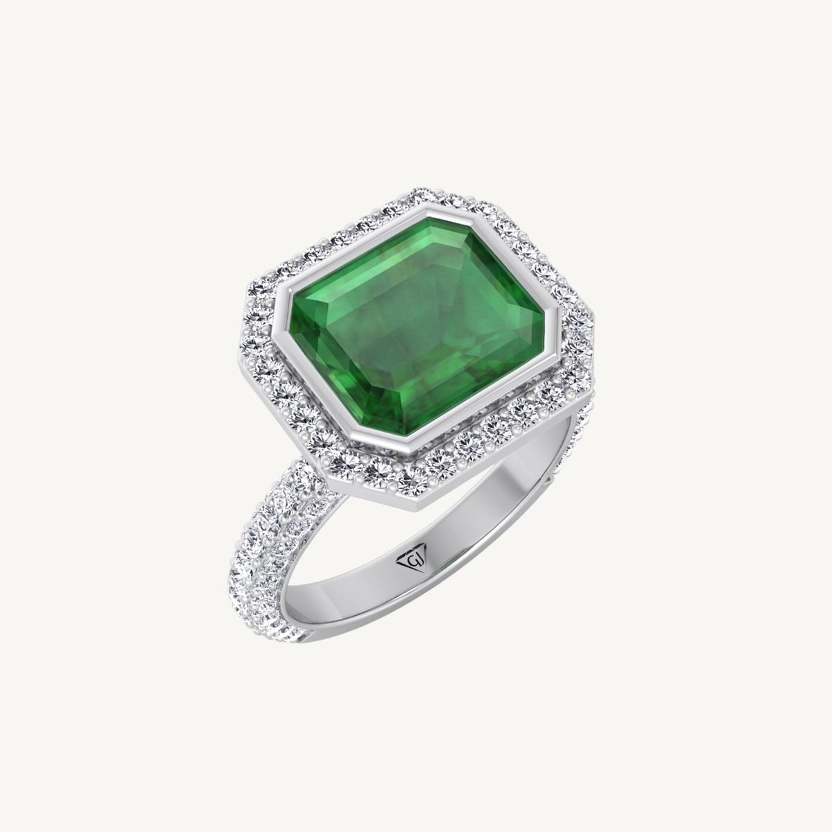 Natural Green Emerald Halo Engagement Ring With Pave Band