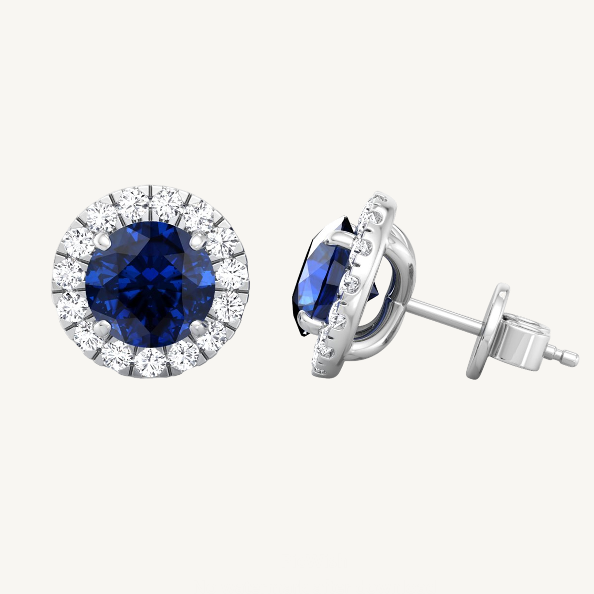 Round Cut Natural Blue Sapphire & Diamond Halo Earrings