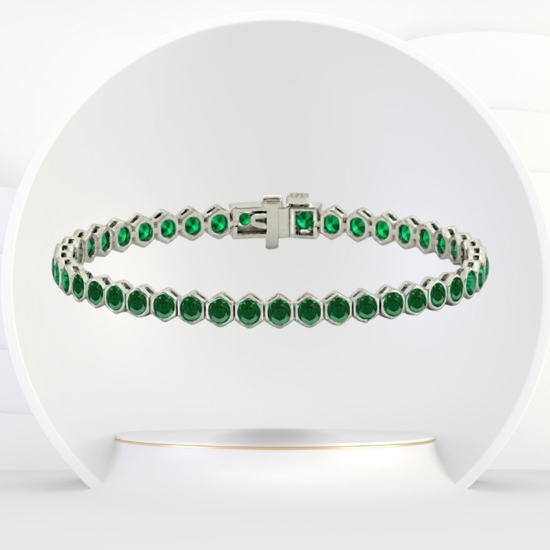 Bezel Set Natural Green Emerald Honeycomb Tennis Bracelet