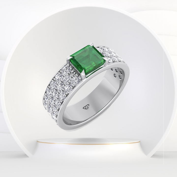 Natural Green Emerald Cushion Cut with Pave Eternity Band
