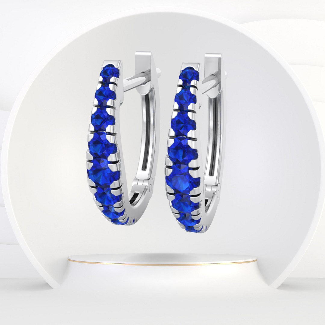 Natural Blue Sapphire Graduated Round Shape Huggie Hoop Earrings