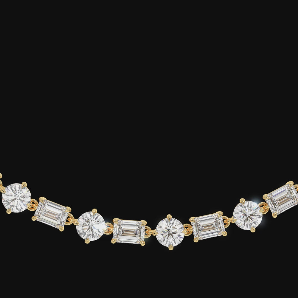 Alternating Emerald and Round Natural Diamond Tennis Necklace Yellow Gold Video