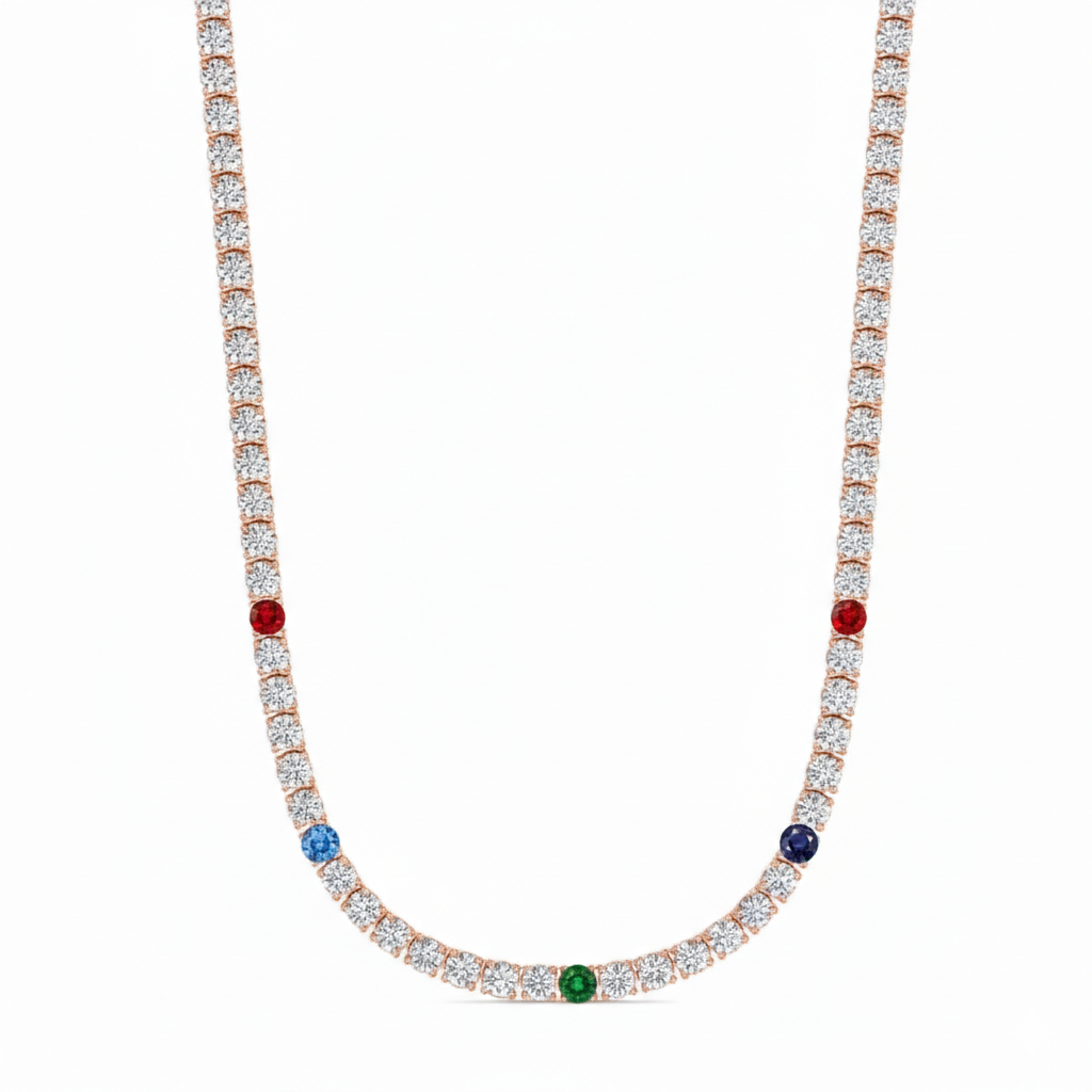 Custom Birthstone Diamond Tennis Necklace Natural Diamond Tennis Necklace 14K Solid Gold