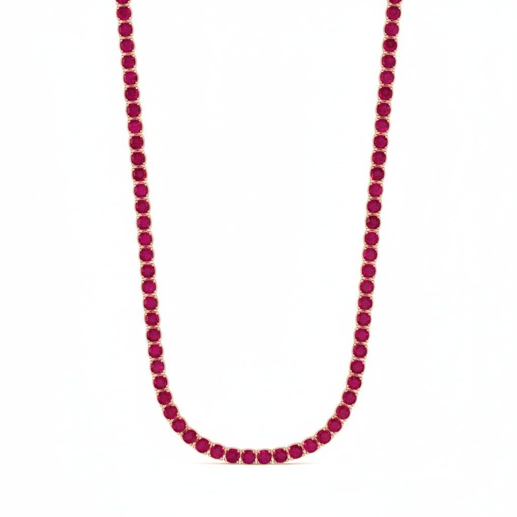 Round Cut Natural Red Ruby Tennis Necklace Rose Gold 14K