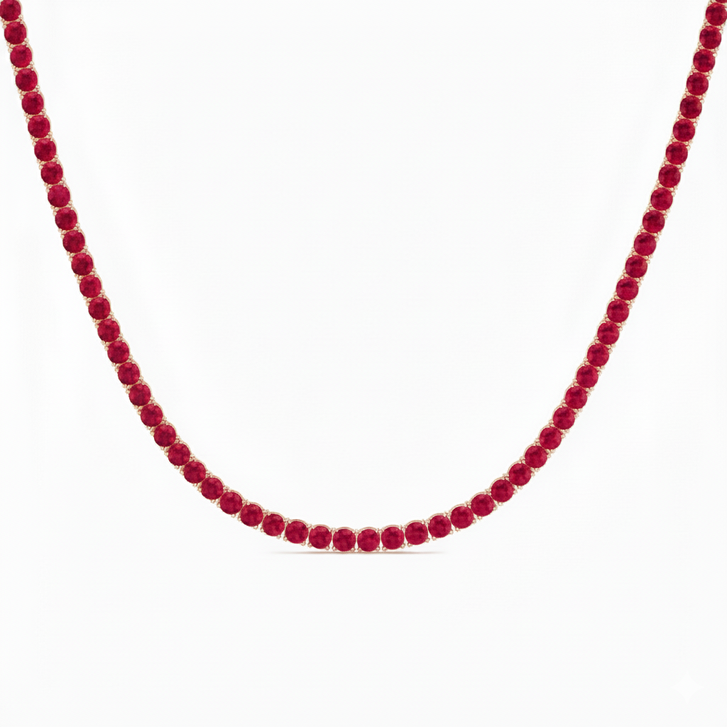 Round Cut Natural Red Ruby Tennis Necklace Rose Gold 18K