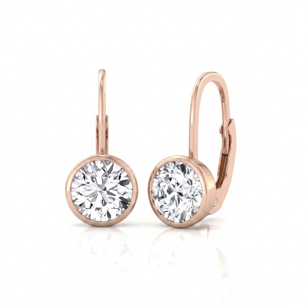 Round Shape Natural Diamond Dangle Earrings Rose Gold 18K
