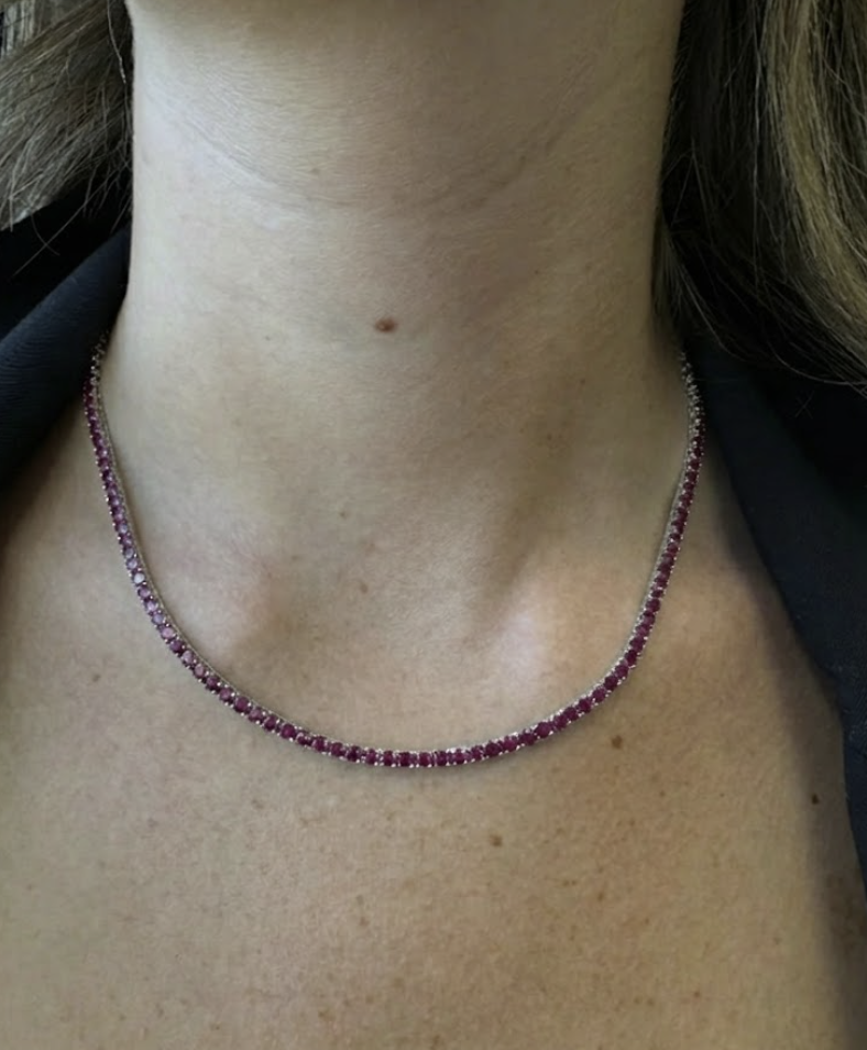 Round Cut Natural Red Ruby Tennis Necklace 14K Solid Gold
