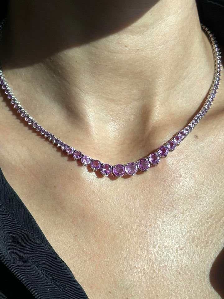 13CT T.W Riviera Graduated Natural Pink Sapphire Tennis Necklace