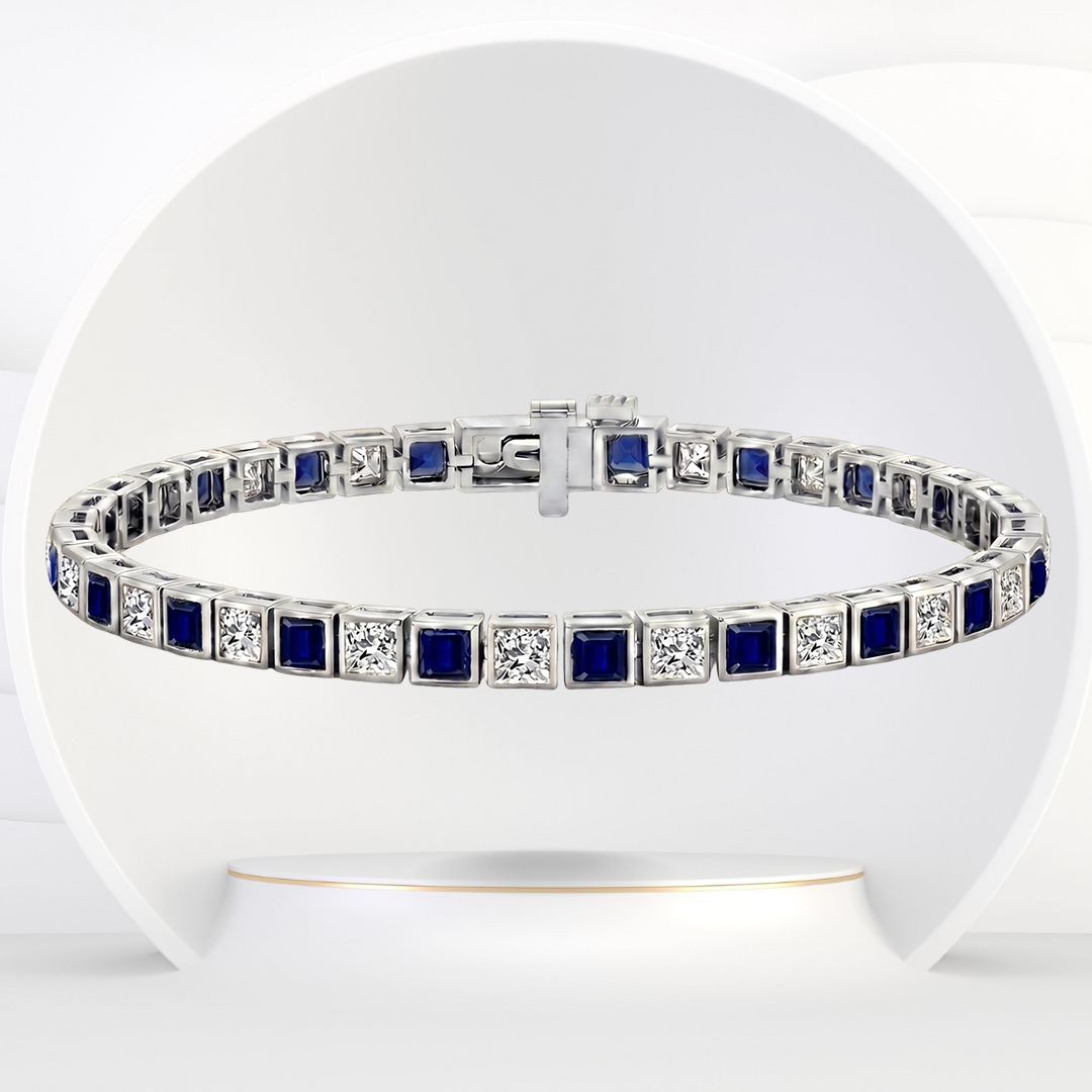Alternating Princess Cut Blue Sapphire & Natural Diamond Tennis Bracelet WG