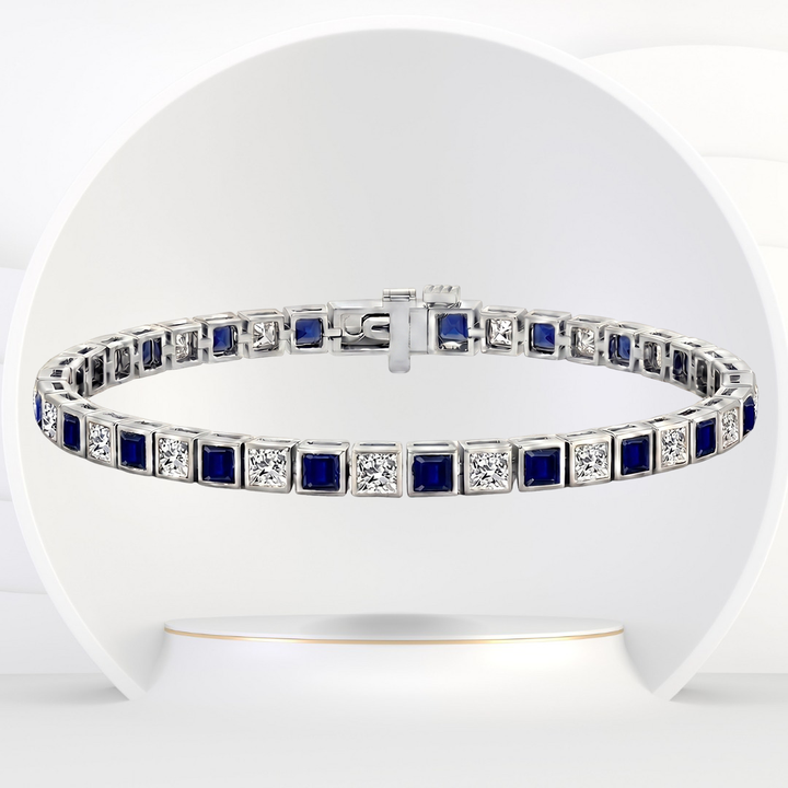 Alternating Princess Cut Blue Sapphire & Natural Diamond Tennis Bracelet WG