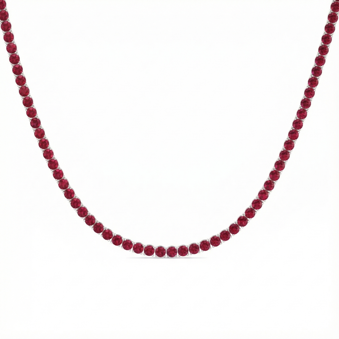 Round Cut Natural Red Ruby Tennis Necklace White Gold 18K