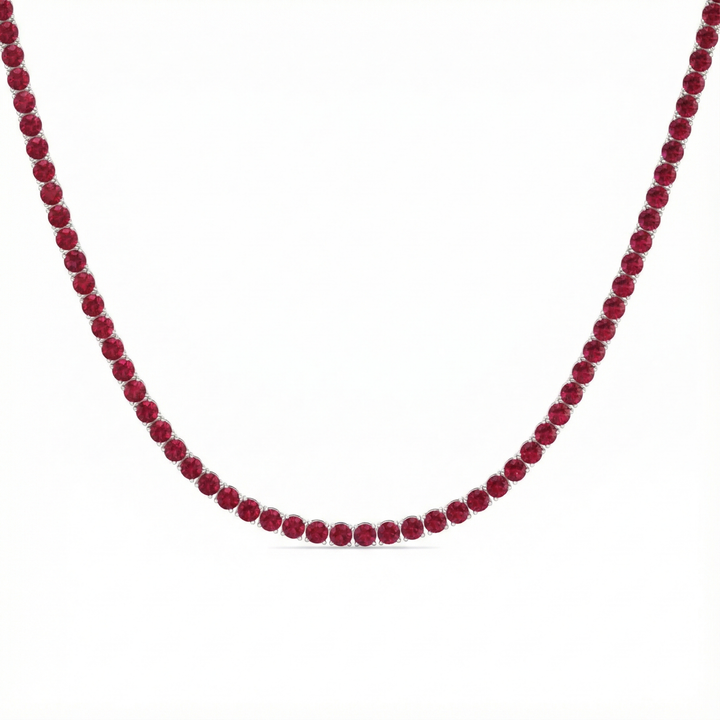 Round Cut Natural Red Ruby Tennis Necklace White Gold 18K