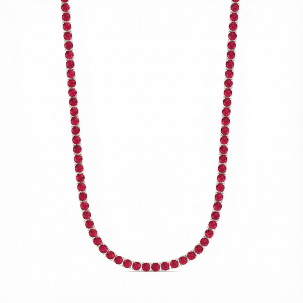Round Cut Natural Red Ruby Tennis Necklace White Gold 14K