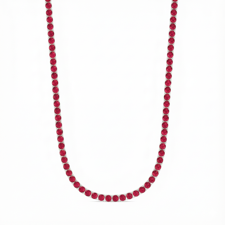 Round Cut Natural Red Ruby Tennis Necklace White Gold 14K