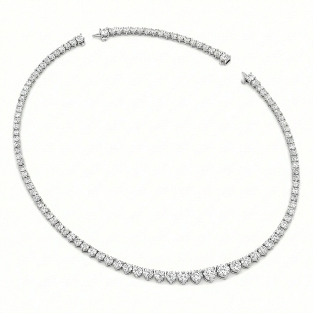 3-Prong Riviera Graduated Natural Diamond Tennis Necklace with Extender White Gold 18K