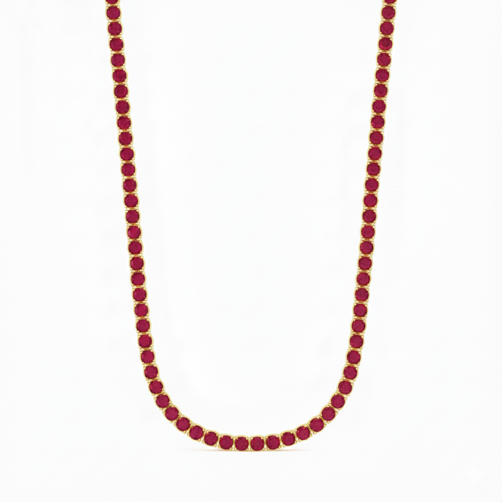 Round Cut Natural Red Ruby Tennis Necklace Yellow Gold 14K
