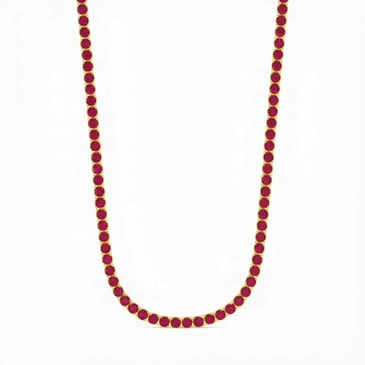 Round Cut Natural Red Ruby Tennis Necklace Yellow Gold 14K