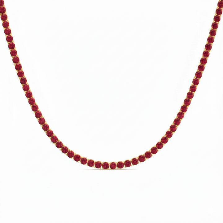Round Cut Natural Red Ruby Tennis Necklace Yellow Gold 18K