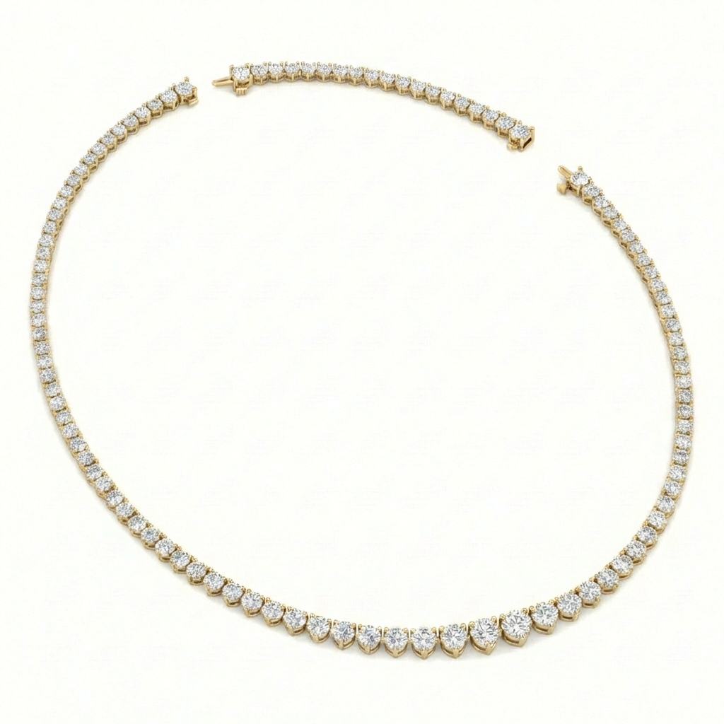 3-Prong Riviera Graduated Natural Diamond Tennis Necklace with Extender Yellow Gold 18K